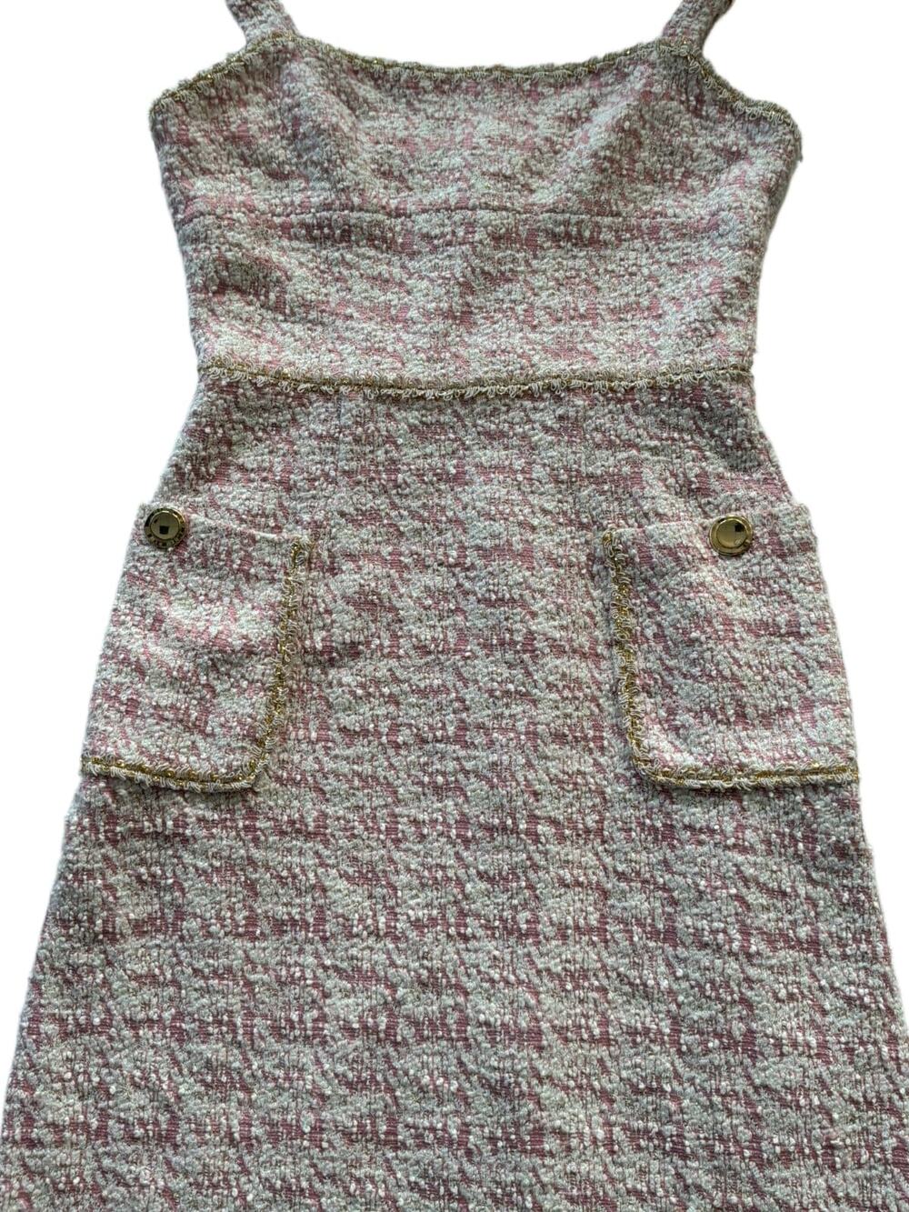 Black Halo Pink Tweed Boucle Midi Dress Gold Trim Sleeveless Square Neck Sheath